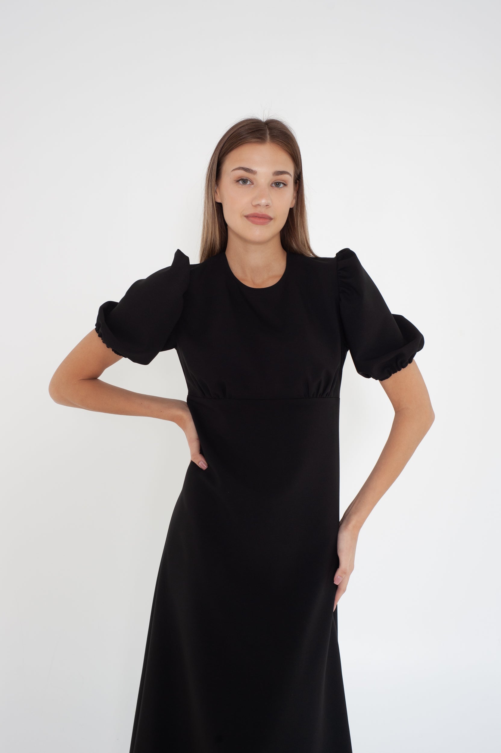 Black midi dress with short puff sleeves – Black Swan