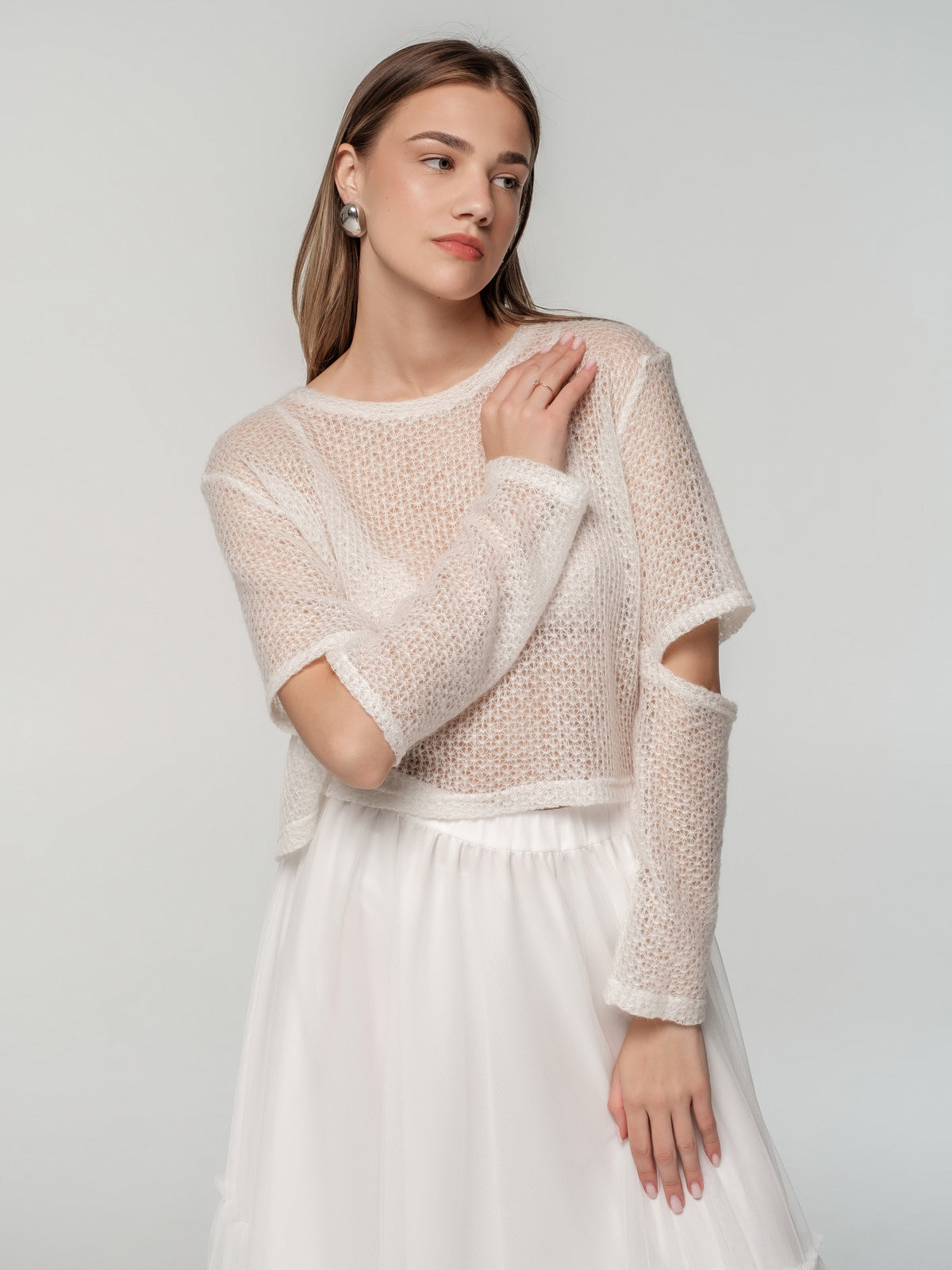 White Short Sweater with Slits at the elbow area